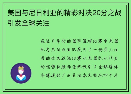 美国与尼日利亚的精彩对决20分之战引发全球关注
